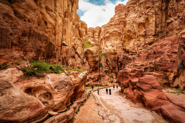 canyon roccioso rosso siq - middle eastern architecture foto e immagini stock