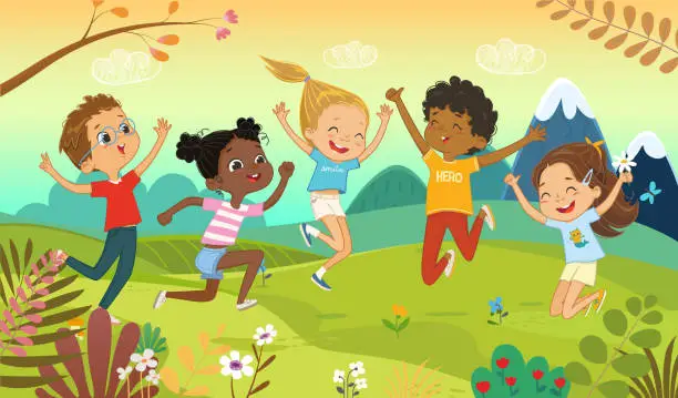 Vector illustration of Group diverse children jumping at Summer park with trees, flowering plants and flowers in the meadow. Adorable school boys and girls have fun together horizontal baner