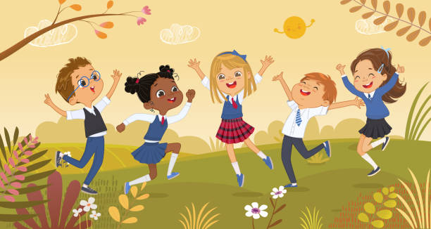 Group diverse elementary classmates in school uniform jumping at Autumn park with trees, flowering plants and flowers in the meadow. Adorable school boys and girls have fun together horizontal baner Group diverse elementary classmates in school uniform jumping at Autumn park with trees, flowering plants and flowers in the meadow. Adorable school boys and girls have fun together horizontal baner schoolgirl uniform stock illustrations