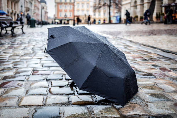 istock umbrella standing on wet stone pavement 1367007482