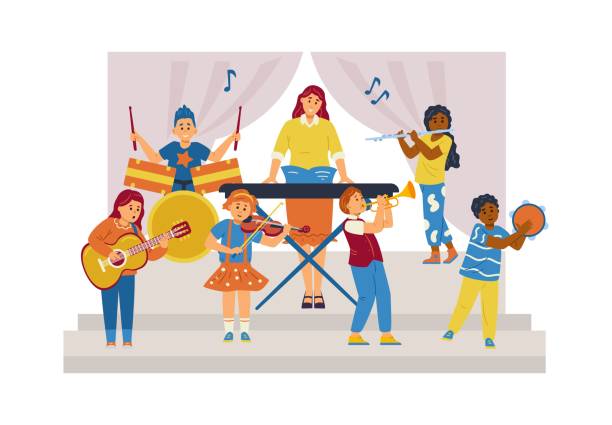 Kid music band show on kindergarten stage. White and black boys and girls practice music with adult teacher, vector. Kid music band show on kindergarten stage. White and black boys and girls practice music with adult teacher playing piano. Daycare or school music class, cartoon flat vector illustration. music class stock illustrations