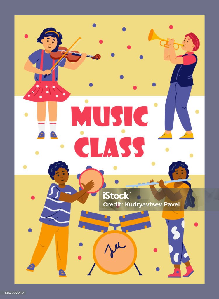 Children Music Class Cartoon Vector Poster Black And White Boys Learning  How To Play Violin Trumpet And Flute Stock Illustration - Download Image  Now - iStock