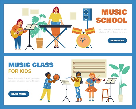 Music school promo banners set with cartoon kids playing music, cartoon flat vector illustration. Children vocal or instrumental education banners or flyers kit.