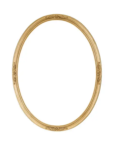 Picture frame gold oval, round and narrow, slightly rough surface with some antique wood grain and grunge showing, isolated on white. 