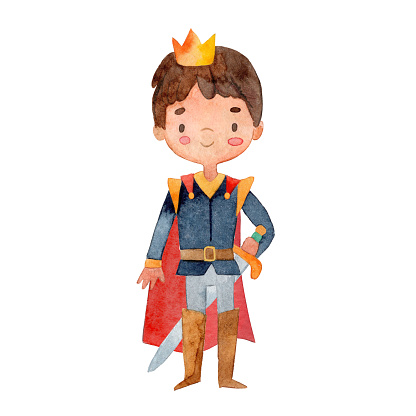 Wateror smiling kid boy prince warrior textured illustration. Hand drawn painting childish knight in crown cloak isolated. Cartoon person at medieval costume