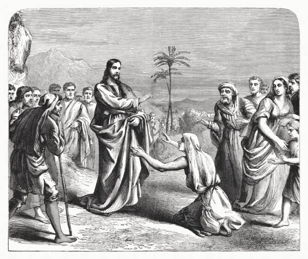 Jesus cleanses a leper (Matthew 8), wood engraving, published 1862 Jesus cleanses a leper (Matthew 8, 3). Wood engraving, published in 1862. leprosy stock illustrations