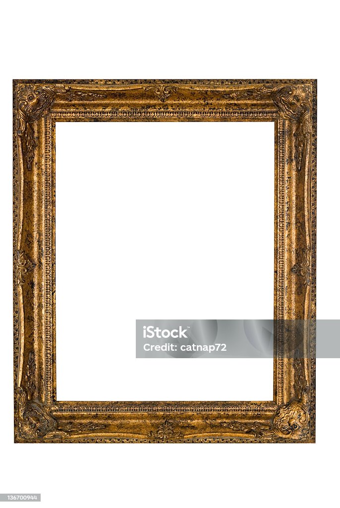 Picture Frame in Baroque Gold, White Isolated Picture frame in ornate gold, empty, white isolated. Angle Stock Photo