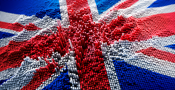 UK flag with digital matrix - Innovation Concept - Digital Tech Wallpaper - 3D illustration