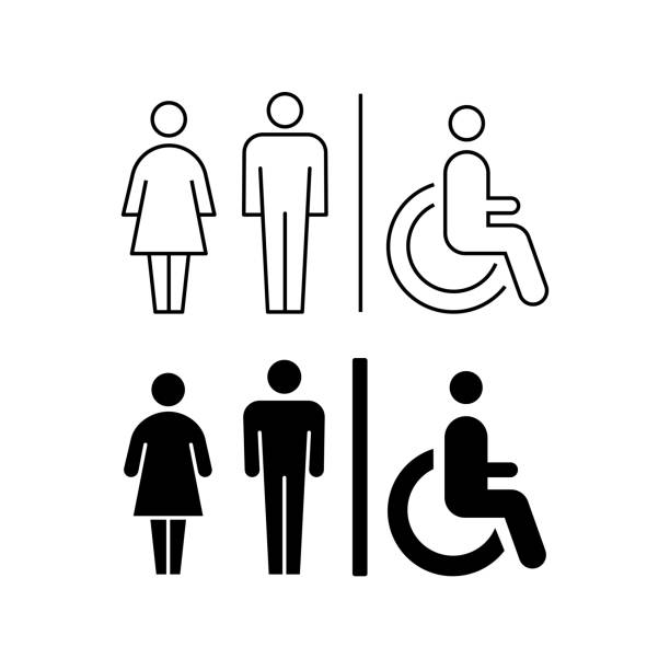 illustrazioni stock, clip art, cartoni animati e icone di tendenza di piastra porta wc. uomini e donne firmano per il bagno. - disabled accessible boarding sign