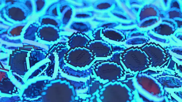 Stylized glowing blue digital background with low-poly pixelated abstract coins, high detailed 3D rendered close-up view