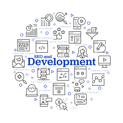 SEO and development concept. Vector design with icons and keywords.