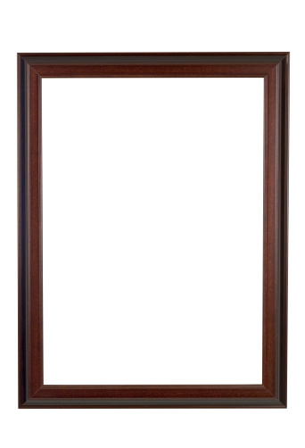 Picture frame in brown and red wood, dark narrow smooth with diffuse finish, white isolated background cut out.  