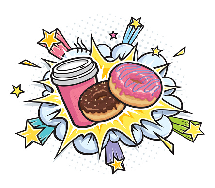 Coffee and donuts explosion. Vector retro pop art. Vector comic