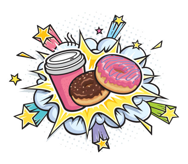 coffee and donuts explosion Coffee and donuts explosion. Vector retro pop art. Vector comic donuts stock illustrations