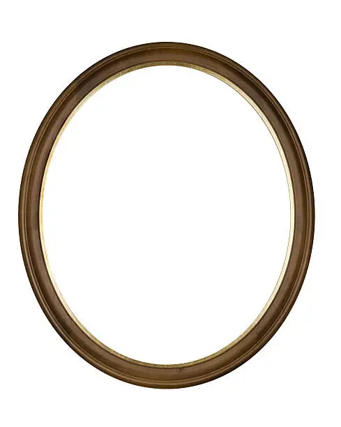 Picture frame in brown oval circle, gold inner border, design element isolated on white. 