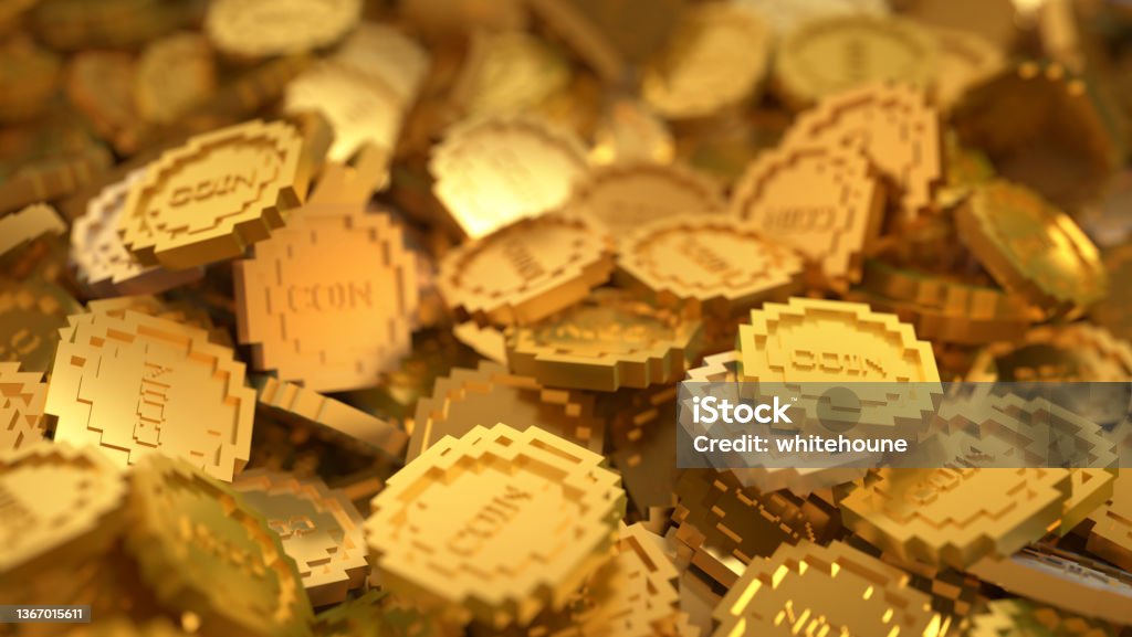 Stylized golden coins close up detailed digital background Stylized golden background with low-poly pixelated abstract coins, high detailed 3D render with depth of field Token Stock Photo