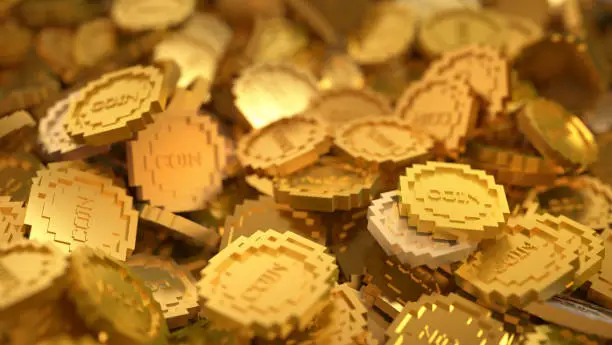 Stylized golden background with low-poly pixelated abstract coins, high detailed 3D render with depth of field
