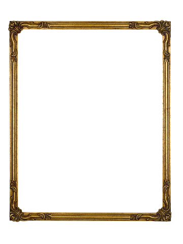 Picture frame in art deco gold, slight grunge quality with fancy corners, white isolated.