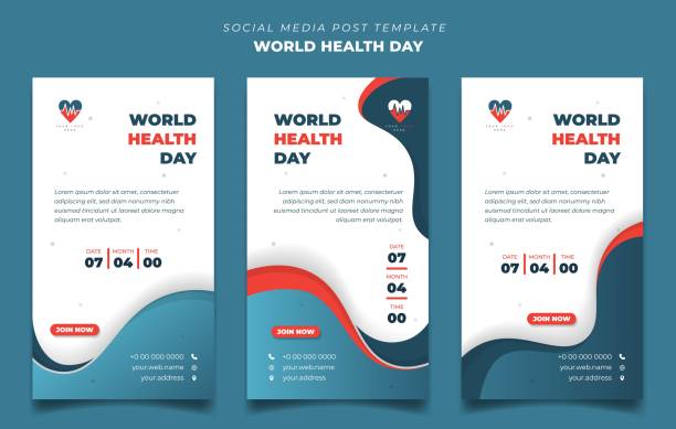 Set of Portrait social media post template for world health day with white, orange and blue background. Set of Portrait social media post template for world health day with white, orange and blue background. Good template for online advertisement design. wild posting ad stock illustrations