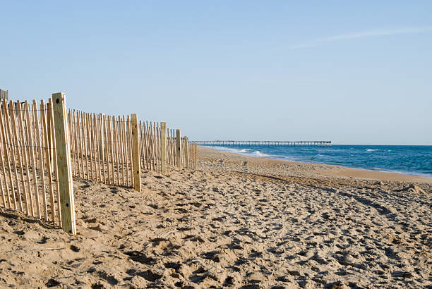 istock Beach at Dawn with Fence and Footprints 136701724