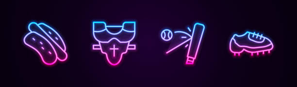istock Set line Hotdog sandwich, Player chest protector, Baseball bat with ball and boot. Glowing neon icon. Vector 1367018727