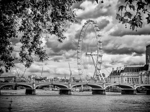 The City of London England on September 03, 2019: Millennium Wheel viewed on a cloudy day in the  Downtown district of London England