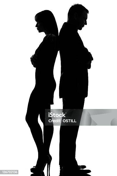 One Couple Dispute Conflict Man And Woman Sad Stock Photo - Download Image Now - Back To Back, Men, Women