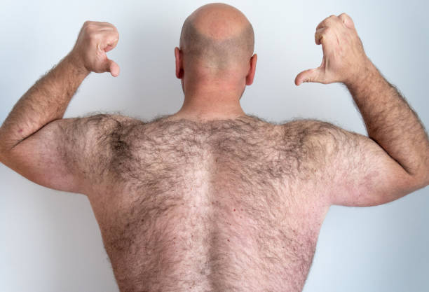 hairy man back Rear view of the bare and hairy back of a middle aged Caucasian man. hairy fat man pictures stock pictures, royalty-free photos & images