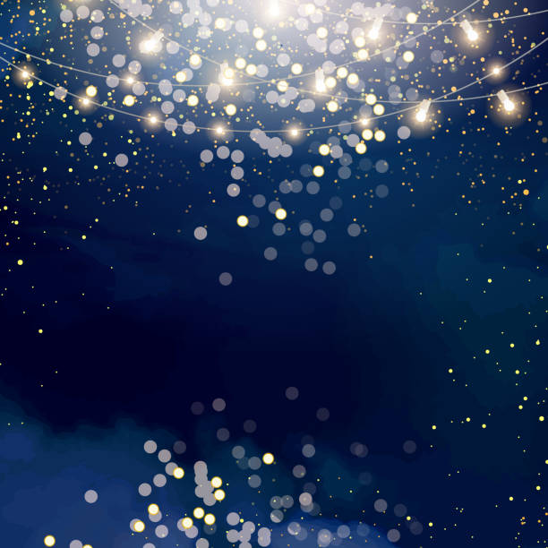 Magic night dark blue frame with sparkling glitter bokeh and light art Magic night dark blue frame with sparkling glitter bokeh and light art. Square vector wedding card. Gold confetti and navy background. Golden scattered Christmas dust. Fairytale magic star template streaky lights stock illustrations