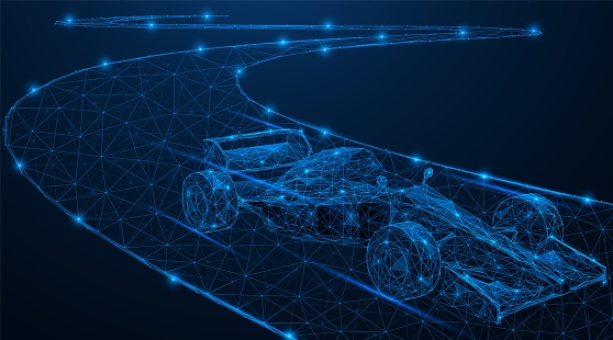 A racing car is moving along the road. Polygonal design of interconnected lines and points. Blue background.