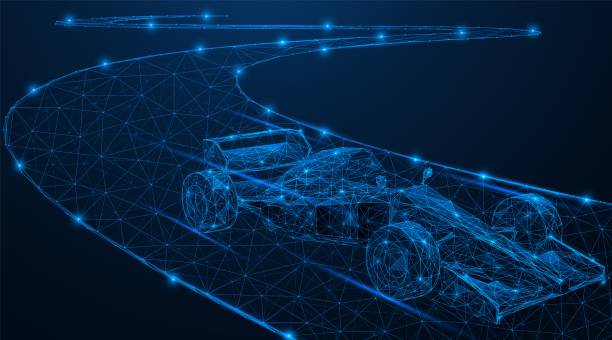 A racing car is moving along the road. A racing car is moving along the road. Polygonal design of interconnected lines and points. Blue background. racecar stock illustrations