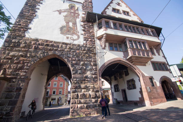 Cityscape in Freiburg on April 20, 2017 Germany. The clock tower.