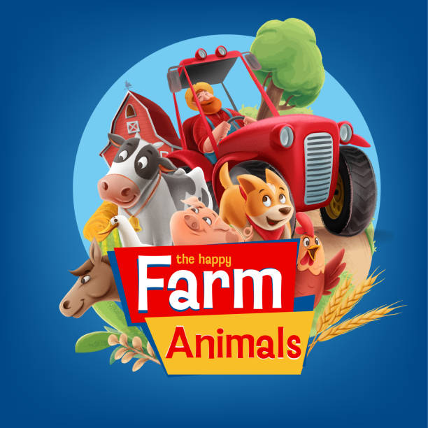 веселые сельскохозяйственные животные векторная иллюстрация - farmer pig domestic pig farm stock illustrations