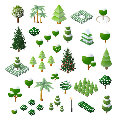 Snowy christmas Isometric 3d trees forest nature elements white background for landscape design. Vector illustration isolated. Icons for city maps, games