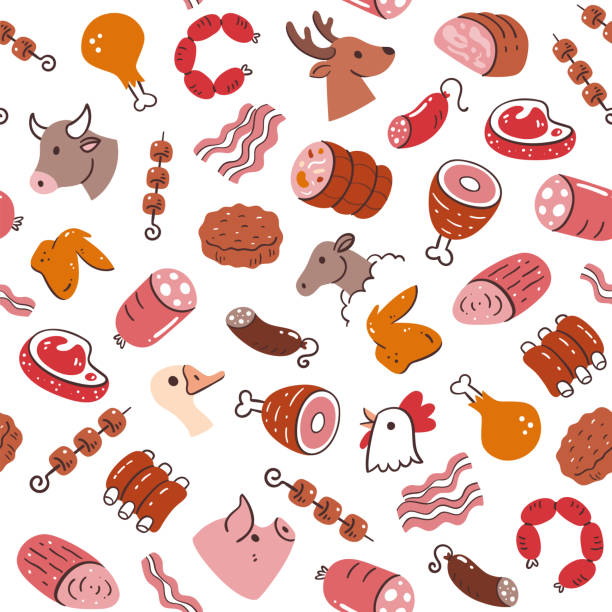 illustrazioni stock, clip art, cartoni animati e icone di tendenza di carne e prodotti modello senza cuciture - roast beef illustrations