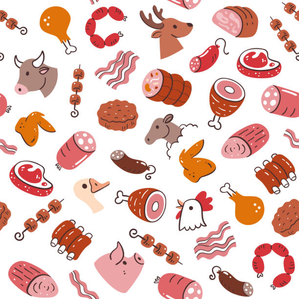 мясо и продукты бесшовный узор - butchers shop butcher meat delicatessen stock illustrations