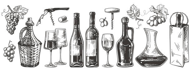 ilustraciones, imágenes clip art, dibujos animados e iconos de stock de boceto del set de vino - decanter