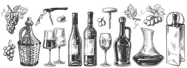 와인 세트 스케치 - wine bottle wineglass wine bottle stock illustrations