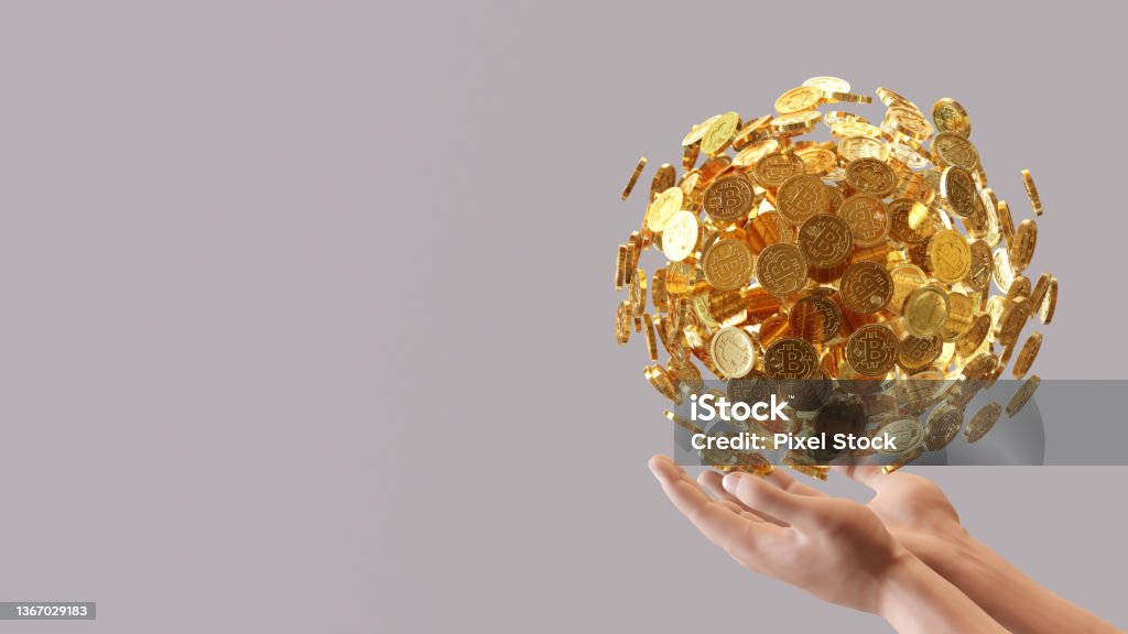 Bitcoin money ball on hand, 3d rendering Coin Stock Photo