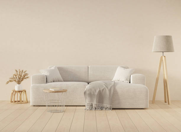 istock Living room interior with sofa, floor lamp, plant and table. Big empty wall background mock up. 3D render. 1367029815