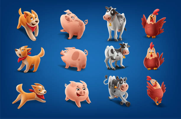 набор мультяшных животных для фермерской собаки корова курица поросенок - farmer pig domestic pig farm stock illustrations