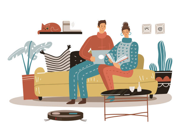концепция уборки робота-очистителя пара сидит на диване или диване с ноутбуком и бронирует в интерьере гостиной. робот пылесосит пыль на по - book sofa women bookshelf stock illustrations