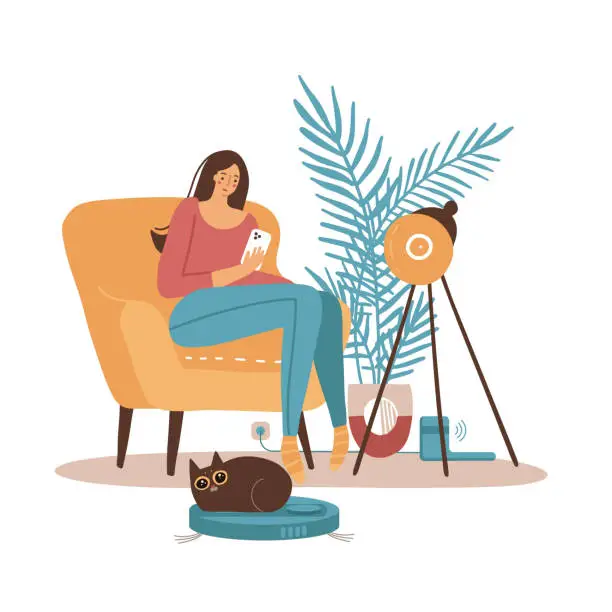 Vector illustration of Woman controls a smart vacuum cleaner using a smartphone, lying on a comfortable sofa. Cat plays with a vacuum cleaner, rides a moving household appliances. Flat hand drawn vector illustration.