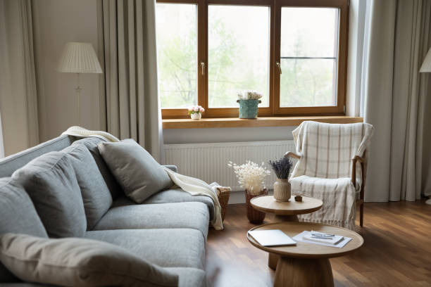 istock Cozy modern living room interior with soft comfortable couch 1367031467