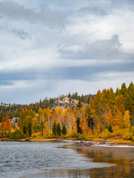 On the shore of a high elevation, Backcountry, lake near Lake Tahoe called Marlette Lake. The lake is surrounded by vibrant fall colors and a light dusting of fresh snow. The bright orange and yellow leaves can be seen reflecting in the lake. The remnant clouds of the nights storm darken the sky.