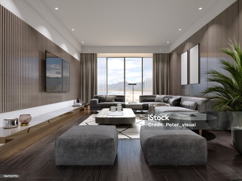 Contemporary living room with wood paneling on the walls and wood slats with gray corner sofa and square ottomans. Contemporary living room with wood paneling on the walls and wood slats with gray corner sofa and square ottomans. 3D rendering. Living Room Stock Photo