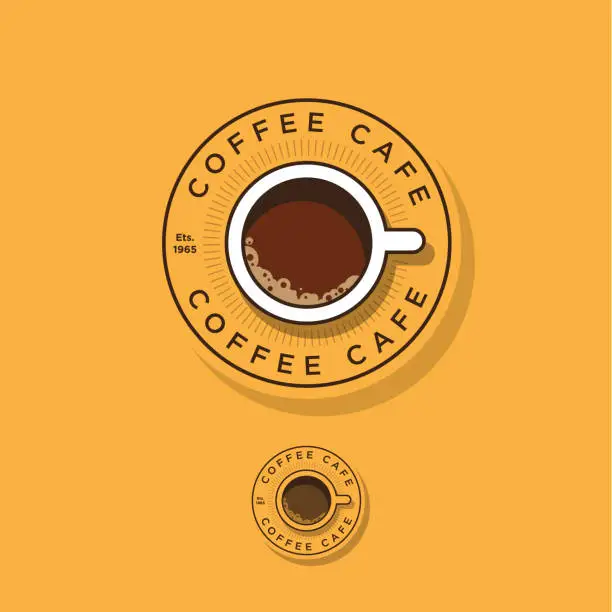 Vector illustration of Coffee emblem. Cup of coffee and letters on the circle.