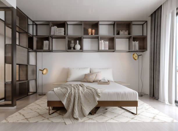 istock Bedroom with metal square shelves with decor. 1367031832