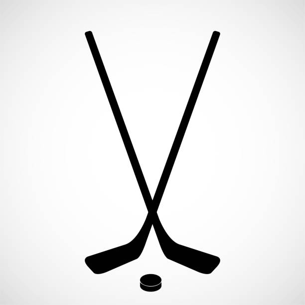 eishockeyschläger mit isoliertem puck auf weißem hintergrund. flaches symbol - hockeyschläger stock-grafiken, -clipart, -cartoons und -symbole