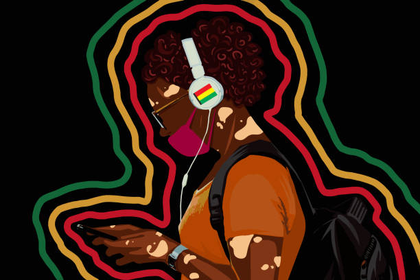 ilustraciones, imágenes clip art, dibujos animados e iconos de stock de joven africana escucha música - black background women portrait afro